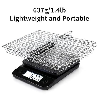 Square BBQ Fish Basket for Grilling suitable for camping | Portable stainless steel grill basket easy to clean, with a locking mechanism, and a heat-resistant wooden handle.