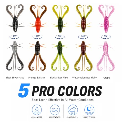 49pcs Soft Fishing Lures Kit – Texas Rig Kit for Bass Fishing with Silicone Shrimp Baits, Hooks, Weights & 3D Eyes – Bass, Crappie & Trout Tackle for Freshwater & Saltwater