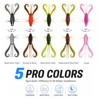 49pcs Soft Fishing Lures Kit – Texas Rig Kit for Bass Fishing with Silicone Shrimp Baits, Hooks, Weights & 3D Eyes – Bass, Crappie & Trout Tackle for Freshwater & Saltwater