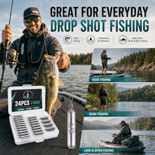 Pencil Drop Shot Weights, 24pcs/36pcs 3 Sizes/5 Sizes Lead Sinkers with Double Wire Loop Swivels, Heavy Rig Sinkers for Deep Water Bass Fishing, Freshwater Drop Shot Rig with Storage Box - size: 24 PCS/ 3 Sizes