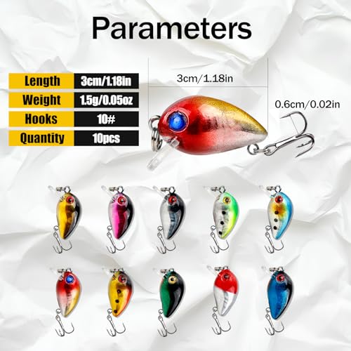 Square Bill Micro Crankbaits Bass Fishing Lures 10pcs FS/YE-13 | Sinking Lures,with Rattle Beads Lipless Jerkbaits,for Bass Trout Walleye,1.18in/0.06oz