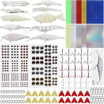 Unpainted Fishing Lures Making Kit,375pcs DIY Blank Crankbaits Minnow Hard Bait Set Include Lure Tapes Eyes Treble Hooks Split Rings Speed Clips Make Your Own Fishing Lures - style: Diy Unpainted Lure Kit