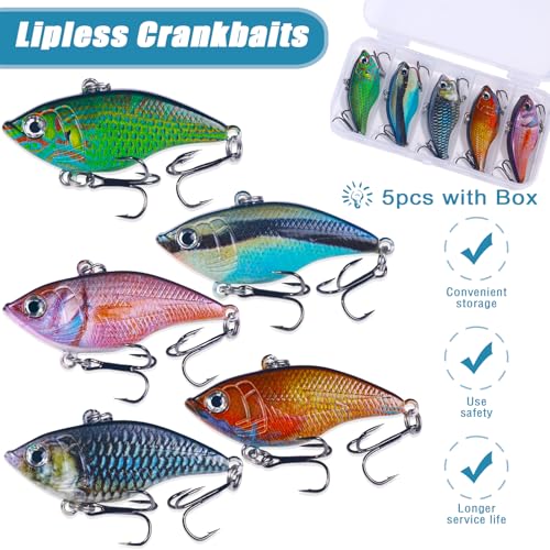 Lipless Crankbait Rattling Fishing Lures – 5 Pack Hard Baits with Steel Balls & Sharp Treble Hooks for Bass, Trout, Walleye, Pike, Redfish, Freshwater & Saltwater, with Box