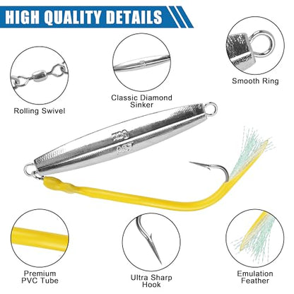 Diamond Jig Saltwater Fishing Lures Casting Jigging Spoon with Tube Tail Stainless Steel Hooks Trolling Lures Striped Bass Metal Jig for Deep Sea Surf Fishing Bottom Dragging Sinking - color: Yellow, size: 6 oz