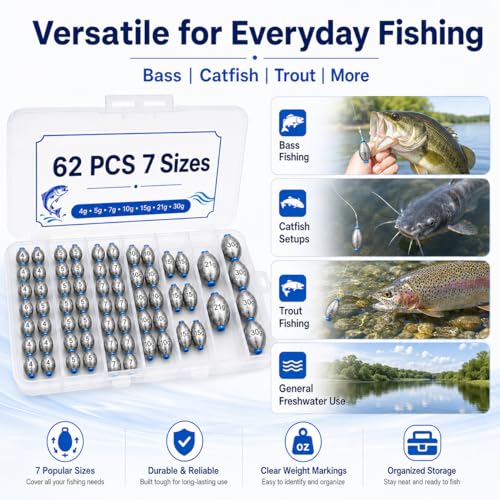 Egg Sinkers Fishing Weights Kit, 40/62pcs 6/7 Sizes Egg Sinker Assortment 1/8-1 oz, Slip Sinkers for Saltwater Freshwater Bass Catfish Fishing, Smooth Bore Lead Sinkers Weights with Tackle Box - size: 62 pcs / 7 Sizes