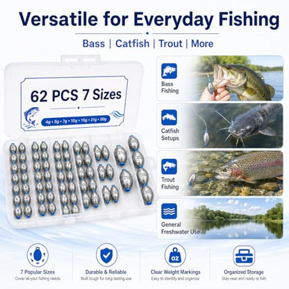Egg Sinkers Fishing Weights Kit, 40/62pcs 6/7 Sizes Egg Sinker Assortment 1/8-1 oz, Slip Sinkers for Saltwater Freshwater Bass Catfish Fishing, Smooth Bore Lead Sinkers Weights with Tackle Box - size: 62 pcs / 7 Sizes