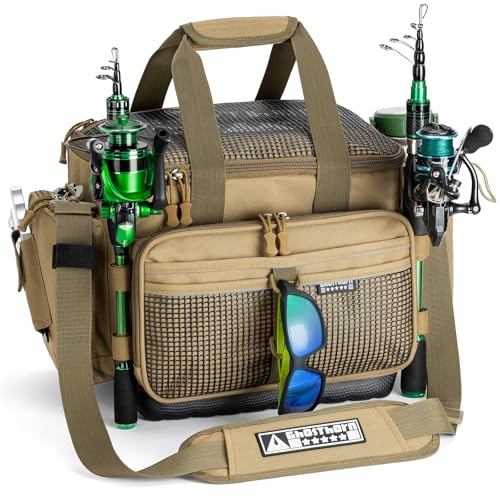 Ghosthorn Fishing Tackle Bag with Rod Holder Saltwater & Freshwater Resistant Large Tackle Box Bag - Waterproof Base, Adjustable Padded Shoulder Strap (Khaki) - color: Khak-Waterproof Bottom, size: Large