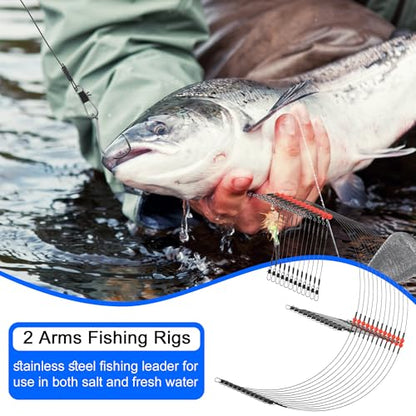 Fishing Leaders Saltwater Tackle Rig Surf Fishing Rigs with Swivel Snaps High Strength Wire Leader Bottom Rigs Fishing Gear Equipment for Lures Bait Hooks - color: Black Stainless Steel, style: 2 Arms-12pcs