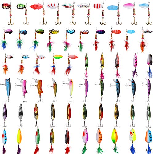 Rooster Bait Tail Fishing Lures Kit Spinner Baits Trout Lures Spoon Lures Bass Lures Hard Bait Bass Lures Crankbaits for Bass Pike Trout Salmon Crappie Walleye Fishing - color: 60pcs Fish Lures Set