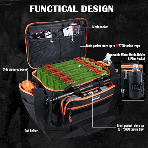 Goture Fishing Tackle Bag with 4pcs 3700 & 2pcs 3600 Tackle Boxes, 600D Water-Resistant Soft Side Saltwater Gear Storage Fishing Bag with Rod Straps, Detachable Water Bottle Pouch, Waterproof Bottom - color: C3:Black Orange with (4)3700&(2)3600 Tackle Box