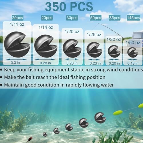 200/350 Pcs Premium Split Shot Fishing Weights Sinkers, Removable Leakproof Fly Fishing Split Shot for Freshwater & Saltwater， Bass Trout Circular Accessories - 5/6 Sizes - size: 350/6 Size Round