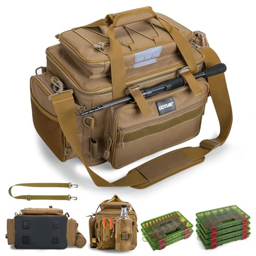 Goture Fishing Tackle Bag with 4pcs 3700 & 2pcs 3600 Tackle Boxes, 600D Water-Resistant Soft Side Saltwater Gear Storage Fishing Bag with Rod Straps, Detachable Water Bottle Pouch, Waterproof Bottom - color: C3:Khaki with (4)3700&(2)3600 Tackle Boxes, siz