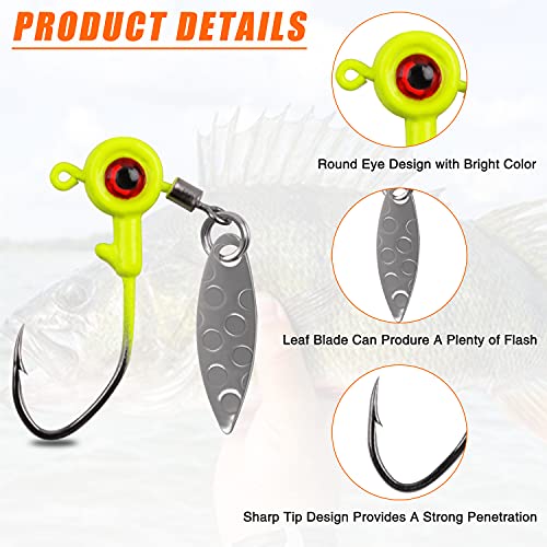 Crappie Jig Heads Fishing Lures Kit, 15pcs Underspin Jig Heads with Spinner Blade Crappie Lures Eye Ball Head Painted Fishing Jigs for Bass, Trout, Panfish, Sunfish - color: Chartreuse, size: 1.75g(1/16oz)-15pcs