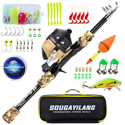 Sougayilang Kids Fishing Rod and Reel Combo,Light Weight Fishing Pole with Spincast Fishing Reel Tackle Bag Lures for Youth,Girls and Boys Good Starter Fishing Kit - color: Yellow