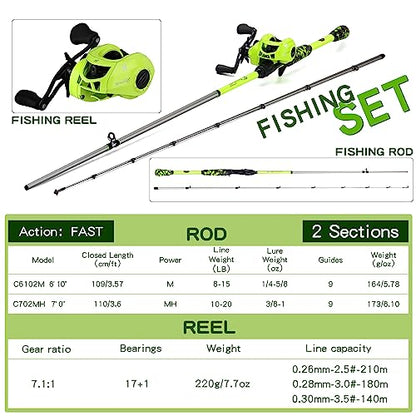 Sougayilang Baitcaster Combo, IM7 Graphite 2Pc Blank Rods,M/MH Power,EVA Handle & Stainless Steel Guides，7.1:1 Gear Ratio, 18LB Drag for Bass, Walleye, Pike - color: green-left, size: 6'10''-Medium