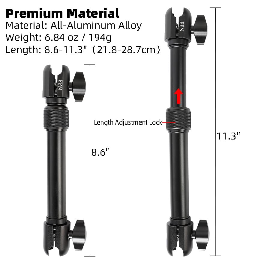 All-Aluminum Extension Double Socket Arm, Adjustable Telescopic Mounting Arm 8.6 to 11.3 Inch, Compatible with RAM B Size Mounts and Other Industry Standard 1" / 25mm Ball Component - size: 8.6 to 11.3"