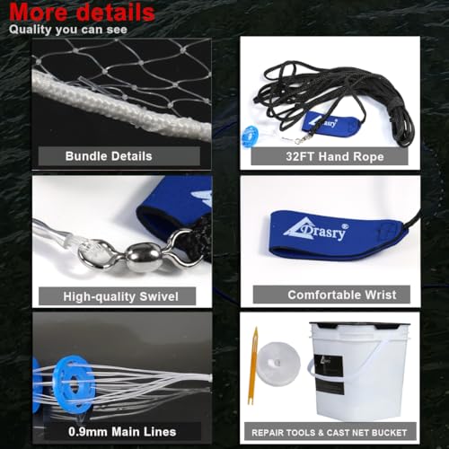 Drasry Saltwater Fishing Cast Net 3/8 and 1/4 Mesh with Heavy Duty Gray Sinker American Monofilament Fish Throw Net for Bait Trap 3FT 4FT 5FT 6FT 7FT 8FT 9FT Radius - size: 5FT Radius, style: 3/8 Mesh 0.6 Lb/Ft