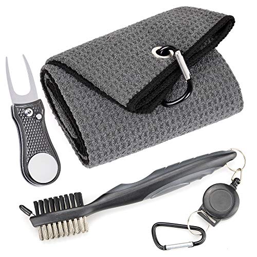 Mile High Life Microfiber Waffle Pattern Golf Towel | Club Groove Cleaner Brush | Foldable Divot Tool with Magnetic Ball Marker (Dark Gray Towel/Brush/Bone Divot) - color: Dark Gray Towel/Brush/Bone Divot