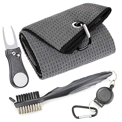 Mile High Life Microfiber Waffle Pattern Golf Towel | Club Groove Cleaner Brush | Foldable Divot Tool with Magnetic Ball Marker (Dark Gray Towel/Brush/Bone Divot) - color: Dark Gray Towel/Brush/Bone Divot