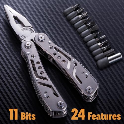 24-in-1 Multitool with Knife, Pliers & 11 Bits Sharp Stainless Steel - Multi Tool for Men - Ideal Gear with Tools for Camping Hiking, Survival, EDC - Best Gifts for Husband Boyfriend 2238 - color: 1. Silver