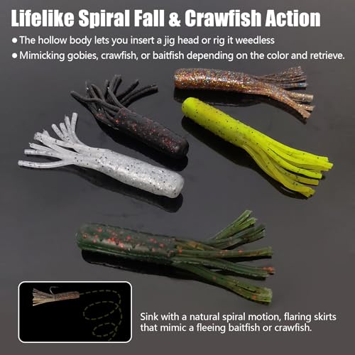 Eupheng Tube Baits for Bass Fishing, Soft Plastic Bait Worm Tube Jig Kit Tube Worms with Tube Jig Heads for Lake Trout Smallmouth Largemouth Bass - size: 3.5 Inch Tube Lure-20PCS