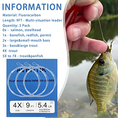3 PC Aventik 9 FT Pre-Tied Loop Fly Fishing Tapered Leader Fluorocarbon Fly Leader Freshwater Saltwater