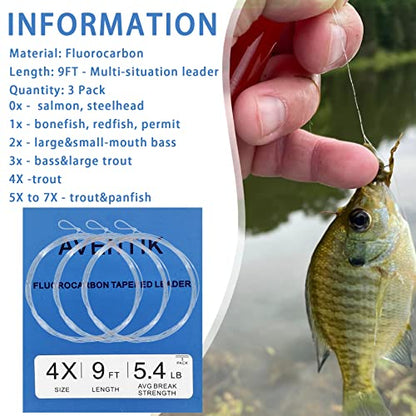 3 PC Aventik 9 FT Pre-Tied Loop Fly Fishing Tapered Leader Fluorocarbon Fly Leader Freshwater Saltwater