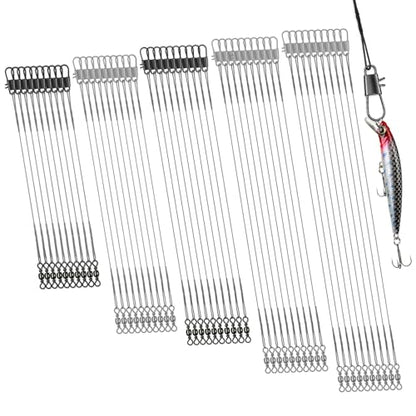 DONQL 50pcs Fishing Leaders, Stainless Steel Fish Line, 10/15/20/25/30cm Wire with Swivels Snaps Connect Fishing Gear and Equipment Tackle Kit, for Bait Lures Rigs Hooks - color: Silver