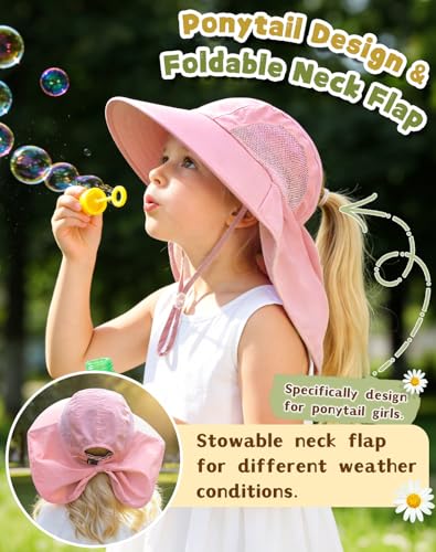 Rosoz Kids Sun Hat with Neck Flap UV Protection Summer Toddler Beach Hat Unisex Ponytail Hat Wide Brim Fishing Hat - color: Light Pink+yellow
