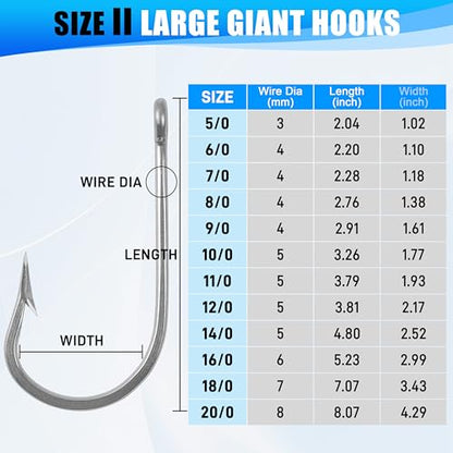 Large Giant Shark Fishing Hooks Saltwater Alligator Hooks Big Game Stainless Steel J Fishing Hooks Extra Strong Large Fish Hooks for Tuna Swordfish Catfish Size 5/0-20/0 - size: 5/0-8pcs