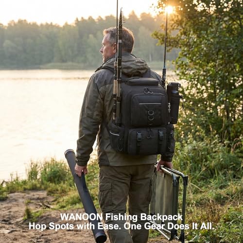 WANOON Fishing Backpack 45L with 4 Tackle Boxes | Durable & Comfortable, Waterproof Insulated Bait Pocket, 4 Rod Holders - color: Black, size: 45L-With Tackle Boxes