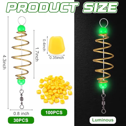 130 Pcs Carp Fishing Equipment 30 Luminous Bait Holder Cage Feeder Basket with 100 Fake Corn Soft Baits Scented Floating Lures for Trout Catfish Carp Fishing