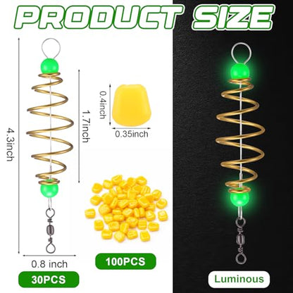 130 Pcs Carp Fishing Equipment 30 Luminous Bait Holder Cage Feeder Basket with 100 Fake Corn Soft Baits Scented Floating Lures for Trout Catfish Carp Fishing