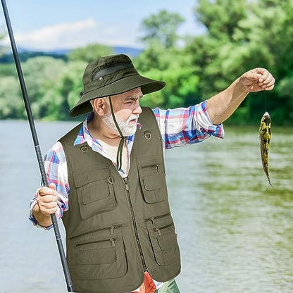 Janmercy 2 Pieces Men's Work Fishing Vest with Hat Lightweight Safari Travel Hunting Waistcoat With Multi Pockets Fishing Hat - color: Army Green, size: Medium