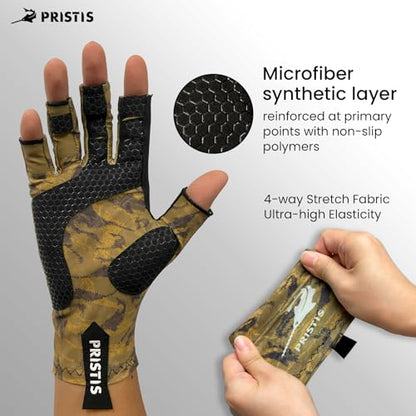 Pristis Half-Finger Fishing Gloves, UPF 50+ Breathable Quick Drying Fingerless Sun Gloves for Women Men, Fly Fishing Hunting Paddling Sailing Kayaking Hiking Canoeing Cycling - color: Canyon CAMO, size: L - XL