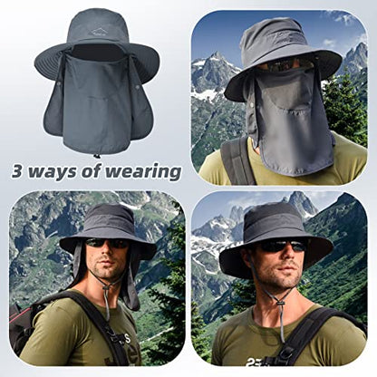 Fishing Hat for Men Sun Protection Hat with Removable Mesh Face Neck Flap Cover Windproof Strap for Men and Women - color: Dark Grey