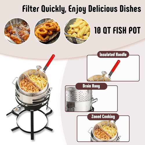 Feasto 10 Qt Outdoor Propane Gas Fish Fryer Pot Kit with Strainer Basket | Aluminum, 50,000 BTU Burner, Adjustable 0-5 PSI Regulator, Perfect for Boiling and Frying - size: 10