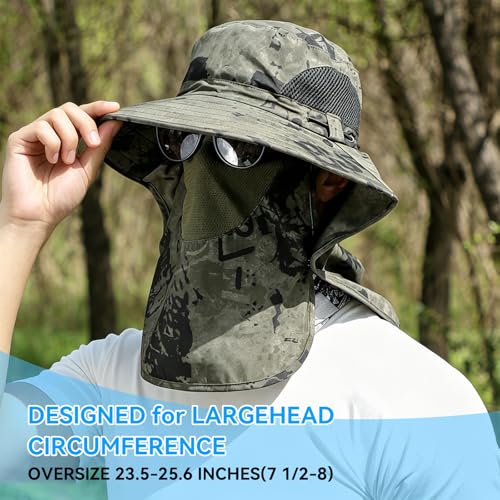 ALANDUO Wide Brim XXL Sun Hats for Men Big Head, UPF 50+ Fishing Sun Hat with Neck Face Flap, Safari Boonie Hat for Men Women - color: Ink Army Green