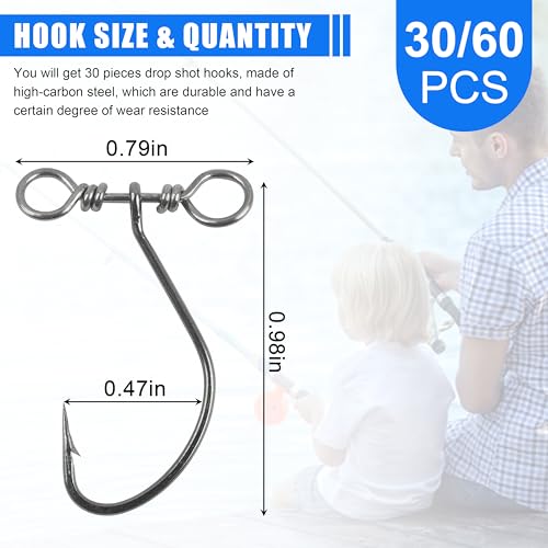 Drop Shot Fishing Hooks-30/60Pcs Spin Shot Hook in-line Drop Shot Rig with Swivel High Carbon Steel Fishhook Worm Hook for Bass,Perch, Carp, Catfish Walleye - size: 60pcs