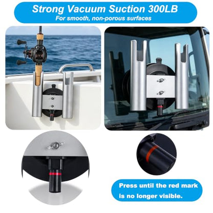 2-Rod No-Drill Aluminum Rack Vacuum Fishing Rod Holder with 300LB | for Boat Truck Wall Glass ，Removable Quick-Release Suction Mount – Installs in Seconds. No tools.