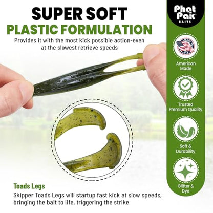 Phat Pak Baits - Skipper Toad Zoom Horny Toad Style Soft Plastic Frog 4" 10ct Top Water Bass Fishing Lure - color: Straight Black