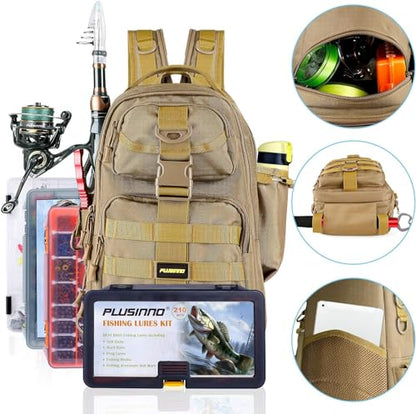 PLUSINNO Fishing Backpack Tackle Bag, Water-Resistant Backpack with Rod Holder, Ideal Gifts for Men - color: Khaki Single Backpack