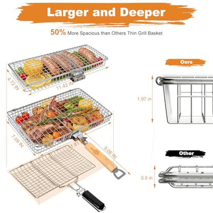 Fish Grill Basket for Outdoor Grill, Stainless Steel ，Removable Wooden Handle, Locking Grill Basket for Fish, Shrimp & Vegetables, Portable Camping BBQ Accessories for Charcoal Grill, Backyard BBQ, Cookout & Tailgating