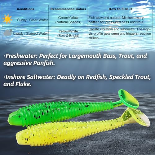 Soft Plastic Paddle Tail Swimbaits Pack of 15 – 3" Soft Plastic Fishing Lures with Extra-Large Tail for Lifelike Swimming Action – Freshwater & Saltwater - color: Green-yellow