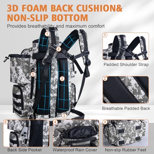 Goture Fishing Backpack with 4 Tackle Boxes,58L 900D Water-Resistant Tackle Backpack with Cooler,Rod Holders,8 Lure Pockets, Detachable Crossbody Bag,Gear Storage Large Fishing Bag for Camping Hiking - color: D1:digital Camo With 4 Tackle Boxes