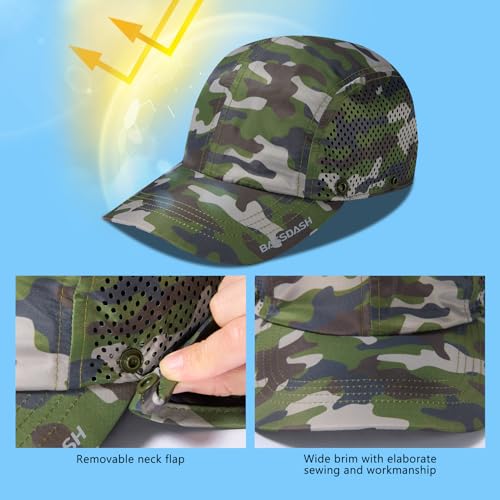 BASSDASH UPF 50+ Foldable Fishing Hat Baseball Cap with Removable Neck Flap Portable for Men Women Golf Hiking - color: Army Green Camo With Unfoldable Brim