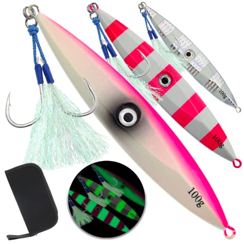 Fishing Jigs Vertical Saltwater Jigs Vertical Jigging Spoon Fishing Tuna Lures Boat Fishing Artificial Lures for Tuna, Grouper, Dogtooth, Snapper, Bass, Salmon/60g, 80g,120g - color: 3pcs-pink&white&red