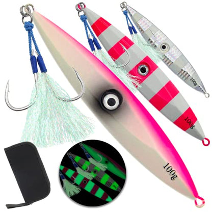 Fishing Jigs Vertical Saltwater Jigs Vertical Jigging Spoon Fishing Tuna Lures Boat Fishing Artificial Lures for Tuna, Grouper, Dogtooth, Snapper, Bass, Salmon/60g, 80g,120g - color: 3pcs-pink&white&red