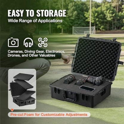 VEVOR Weatherproof Hard Case, Heavy Duty Protective Dry Box with Pre-cut Foam, and Retractable Pull Handles for Travel, Hunting, Military, Tactical, IP67 Waterproof Case for Cameras (24.4×19.3×8.9) - size: 24.41 x 19.29 x 8.86 in