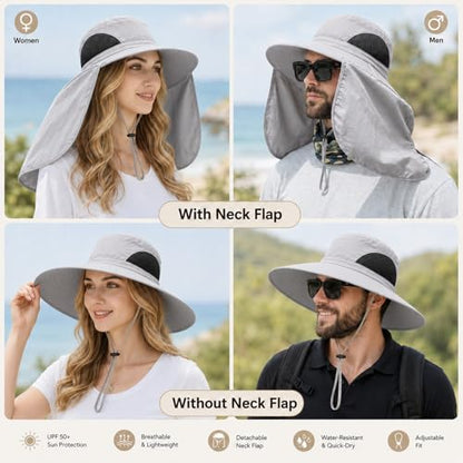 HUAMULAN Women Large Brim Sun Hat with Neck Flap, Men Quick Dry Hiking Fishing Safari Hat UPF 50+ - color: Yq005-lightgray